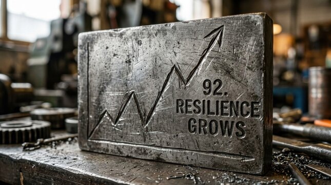 Close-up of a weathered metal block featuring an engraved rising arrow graph and text reading 92 RESILIENCE GROWS, positioned on an industrial workbench inside a workshop.