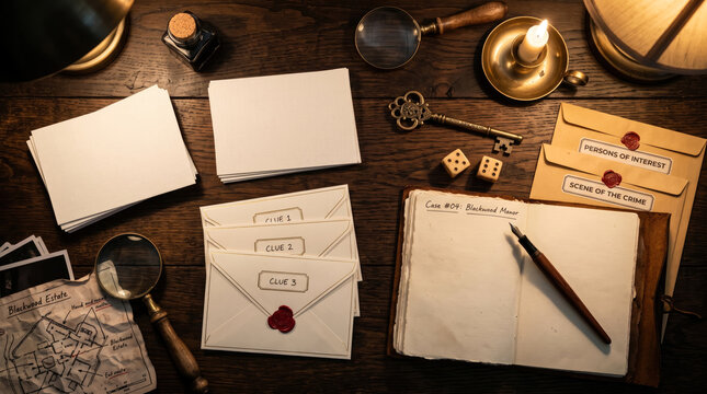 Vintage mystery game workspace with blank cards, envelopes, magnifying glass, and notebook on a dark wooden table.
