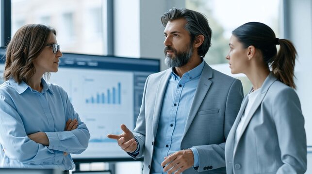 diverse business team reviewing AI generated data visualization on large digital screen, bright meeting room, natural sunlight, modern corporate environment, generous negative space, premium stock