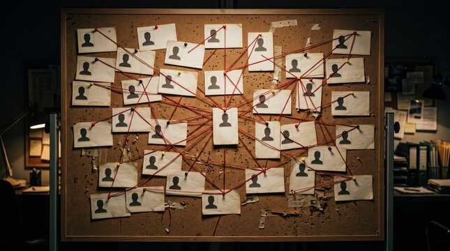 Crime investigation board with photos, red string, and pins on a cork wall for connecting suspects and evidence.