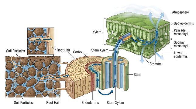Detailed biological illustration of water transport through plant roots and stem xylem