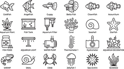 Aquarium and Marine Life Line Icons Set - Fish Tank Accessories and Sea Creatures Vector Illustration © MSTSORZO