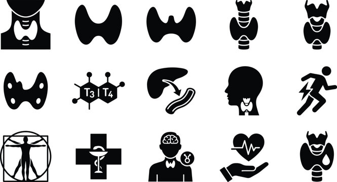 Thyroid gland icons set, endocrine system, hormones, metabolism, hyperthyroidism and hypothyroidism, medical vector symbols