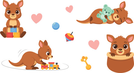 Cute Baby Kangaroo Character Set Playing with Blocks, Toy Train, Sleeping with Teddy Bear, and Sitting in Pouch Vector Illustration © Sanjida Creative