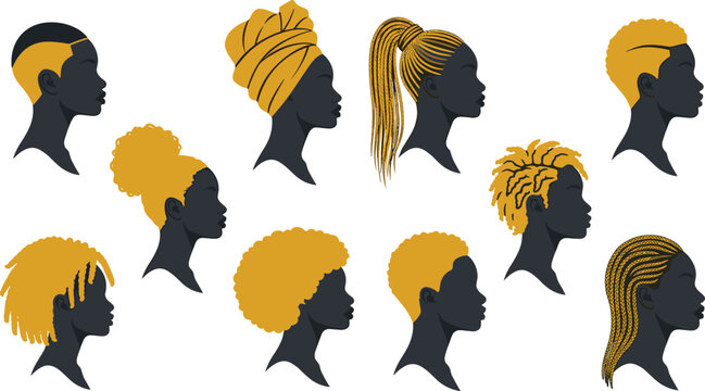 African Women Hairstyle Silhouette Collection with Braids, Afro, Dreadlocks, Headwrap, Ponytail, and Modern Black Female Profile Vector Set