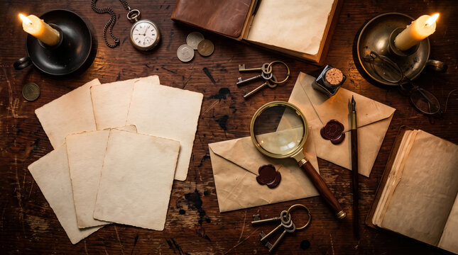 Vintage detective party game scene with wax sealed envelopes, old keys, and magnifying glass on dark wooden desk