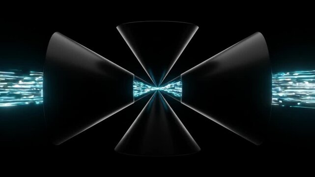 暗黒の虚空で砂時計型の円錐をエネルギー粒子が抵抗ゼロで通過するワイル半金属の抽象CGループ映像