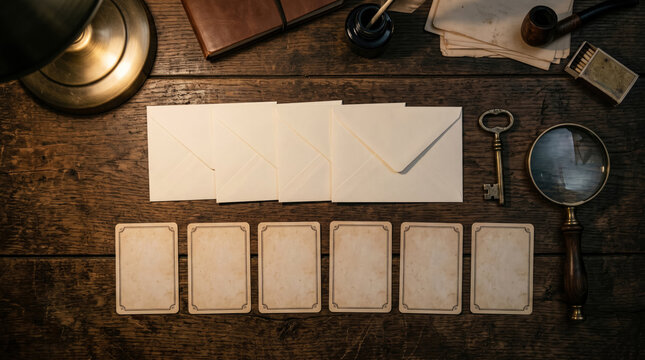Mystery detective game invitation setup with blank envelopes and vintage cards on a dark rustic wooden background