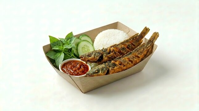 Pecel Lele Fried Catfish with Rice and Sambal in Takeout Box