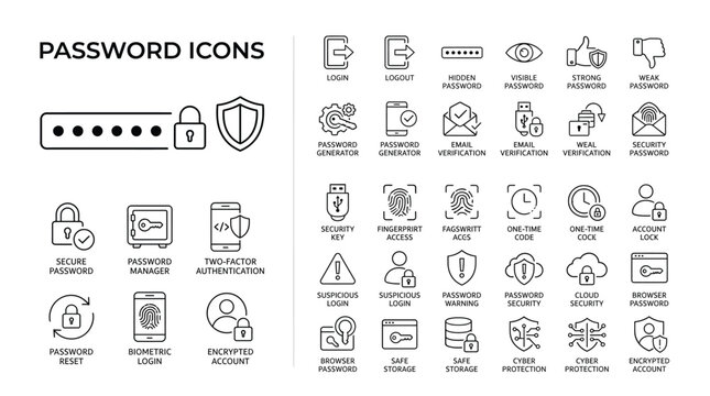 Set of password and security icons, thin line style, vector illustration