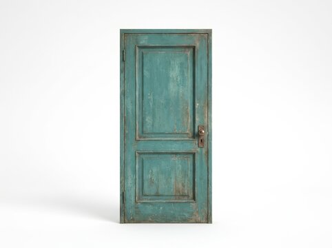 Weathered Vintage Teal Wooden Door on White Background
