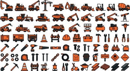 Heavy Construction Machinery and Industrial Hand Tools Line Icon Set with Excavators, Dump Trucks, Cranes, and Safety Equipment for Civil Engineering Designs © EdGe Creative