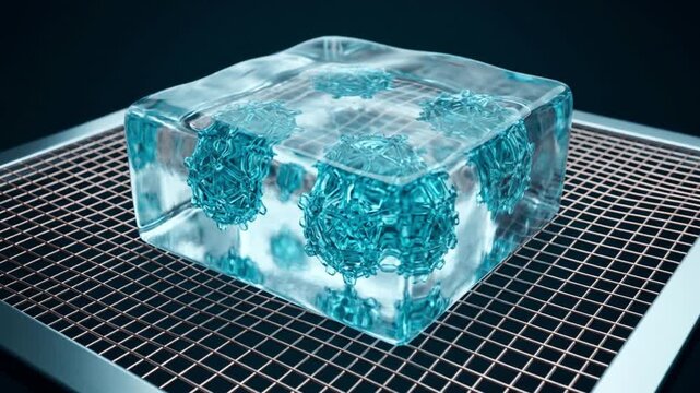 真空のグリッド上でウイルスを含む液滴が急速冷凍されガラス化するクライオ電子顕微鏡の抽象CG映像