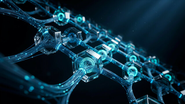 Futuristic digital blockchain network with glowing hexagonal nodes and flowing data streams