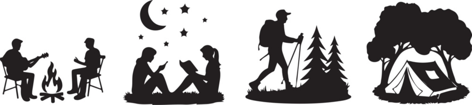 Camping and hiking lifestyle silhouettes under moonlight