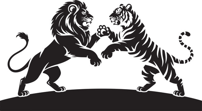 Lion and tiger fighting in dynamic pose