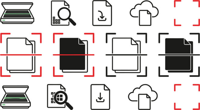 Set of digital document scanning and cloud storage line icons