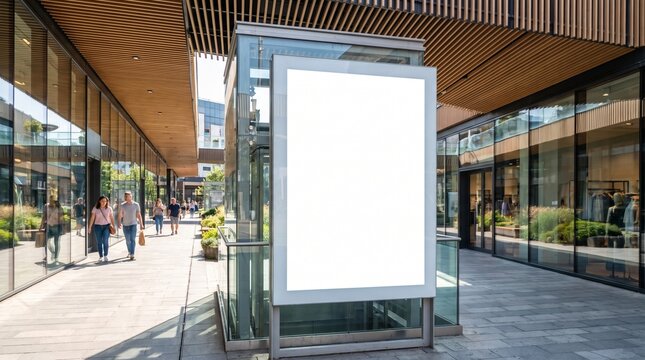 Blank advertising billboard in a modern outdoor shopping mall walkway.