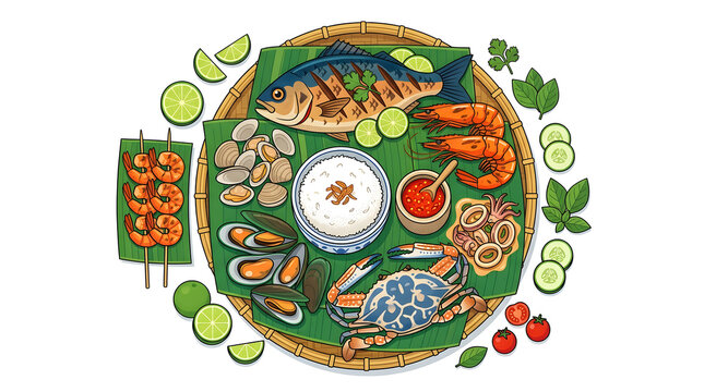 Traditional Asian seafood feast vector with crab, shrimp, and mussels