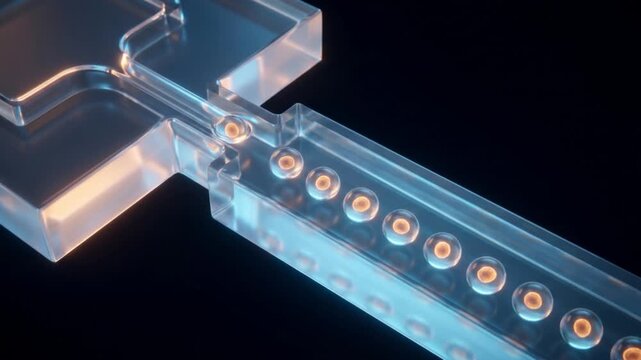 透明なマイクロ流路で発光する細胞を包む液滴が連続生成される医療・科学向けCG映像