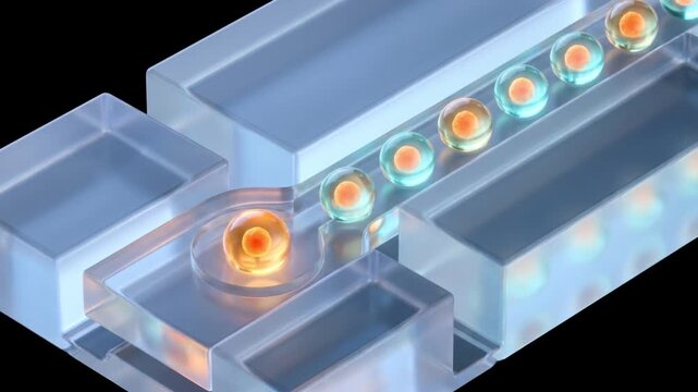 透明なマイクロ流路で発光する細胞を包む液滴が連続生成される医療・科学向けCG映像
