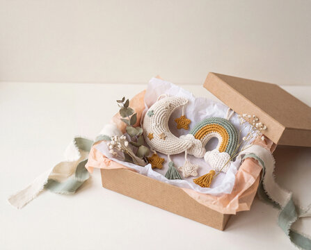 Gift box photo with crochet moon rainbow and nursery decorations in pastel colors