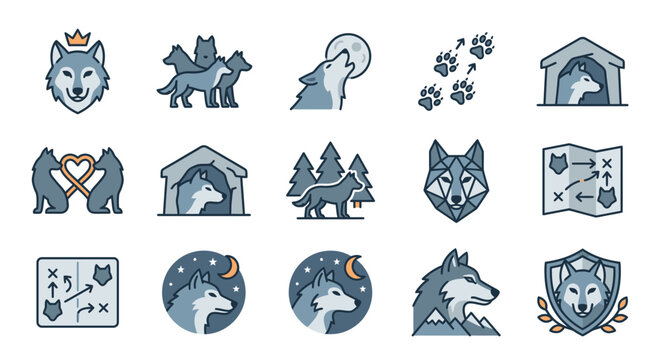 Collection of blue wolf themed lifestyle and nature icons.