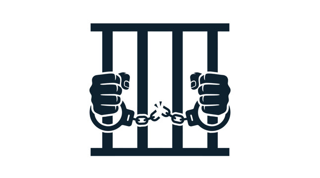 Prisoner hands in handcuffs breaking free from jail cell bars