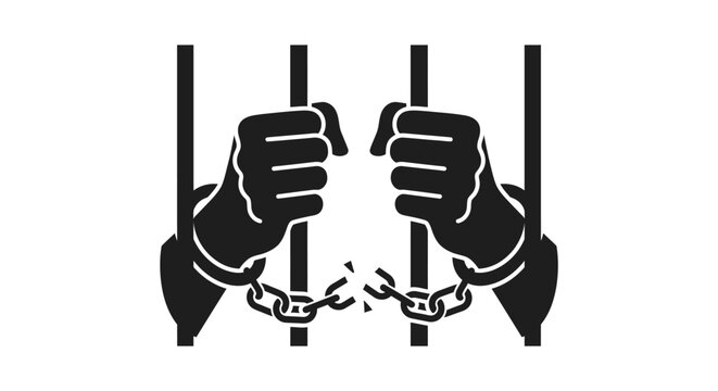Silhouette of hands breaking chains and holding prison bars