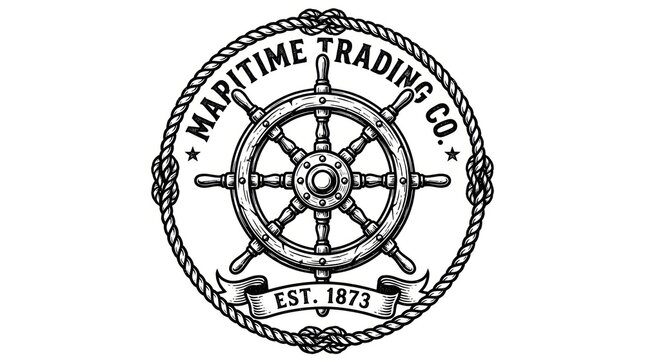 Vintage nautical ship wheel logo emblem.