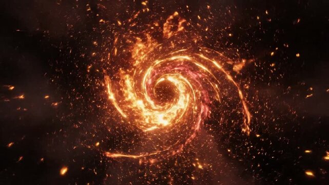 A swirling vortex of fiery orange and yellow flames erupt in a dark space.