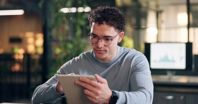 Man, thinking or analyst with tablet in office for company statistics, development or improvement. Thoughtful, male person or contemplating on technology for analytics or data management in workplace