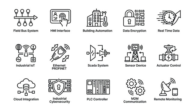 Industrial automation icons collection featuring field bus system hmi interface building automation data encryption real time data and programmable logic controller.