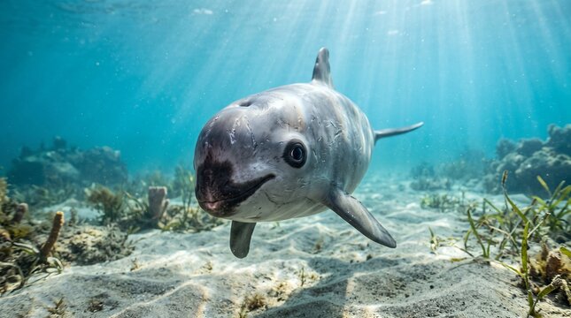 Curious vaquita approaching the underwater camera, direct eye contact, crystal clear water, authentic marine habitat