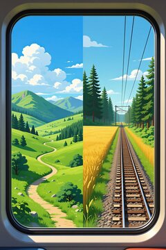 Two landscapes split view seen from train window. Green rolling hills and winding path on left. Train track through golden field and pine forest on right.