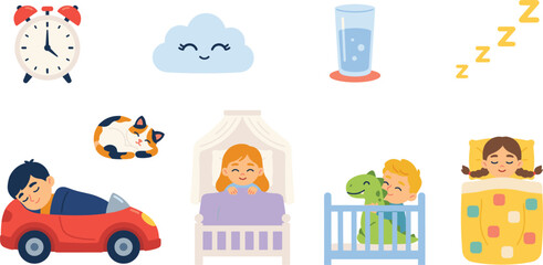 Obraz premium Cute Kids Bedtime Sleep Routine Character Elements Set with Children Sleeping in Car Bed Canopy Crib Holding Dinosaur Toy and Alarm Clock Vector