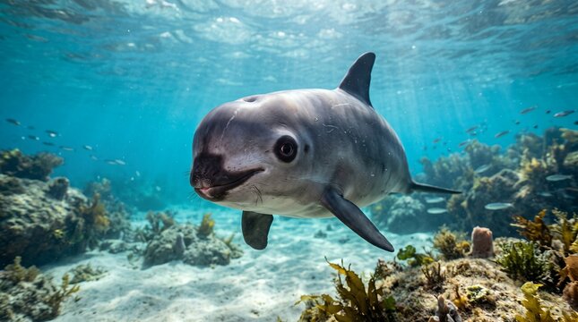 Curious vaquita approaching the underwater camera, direct eye contact, crystal clear water, authentic marine habitat