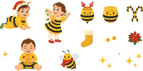 Fototapeta premium Cute Chibi Babies in Christmas Bumblebee Costumes Character Set with Little Kids Celebrating Holiday, Wearing Santa Hat, Honey Pots, and Candy Canes Vector