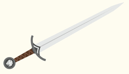 Obraz premium Realistic medieval sword with a steel blade, detailed guard, brown grip, and a pommel featuring a white lion head.