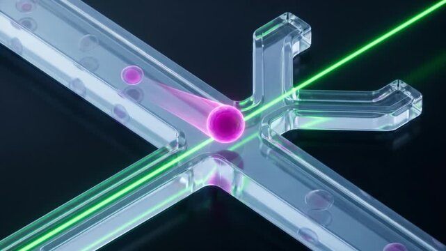 マイクロ流路で緑色レーザーを照射されたマゼンタ色の細胞が分離されるフローサイトメトリーCG映像
