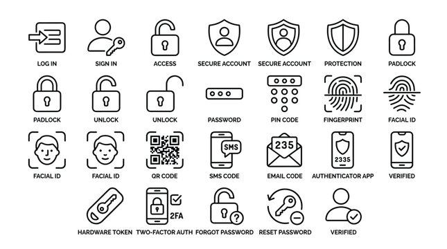 Security and access icons set, including login, sign in, access, secure account, protection, padlock, unlock, password, pin code, fingerprint, and facial id icons.