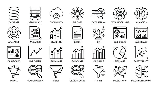 Set of big data management analytics and machine learning line icons including database server cloud statistics reports charts and predictive modelling graph nodes.