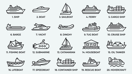 Marine vessel and nautical transportation icon set featuring numbered linear symbols for commercial shipping recreational boating and specialized sea craft design. © Chittanando