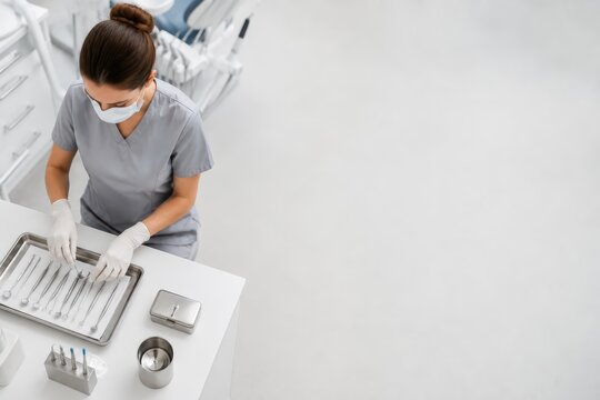 Dental Hygienist Preparing Sterile Instruments in Modern Treatment Room