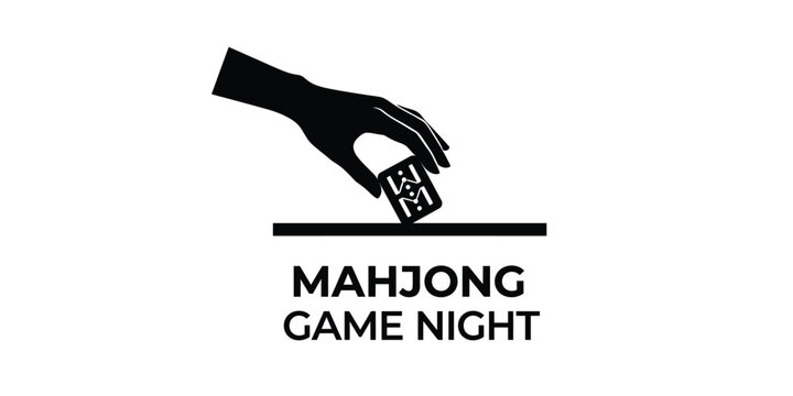Mahjong Game Night Vector Logo, Hand Placing Tile Silhouette Icon, International Mahjong Day Minimal Typography Emblem, Tabletop Board Game Night Graphic Asset