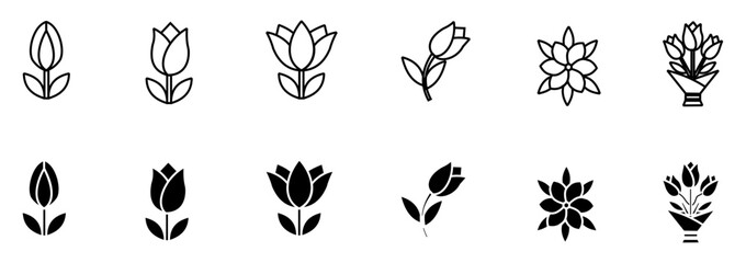 Obraz premium Tulip Flower Icon Set with Outline and Solid Style, Spring Blossom Floral Collection Vector Illustration