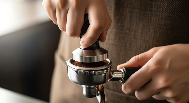 Barista Expertly Tamping Fresh Ground Coffee in Portafilter