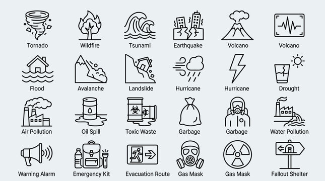 Natural disaster emergency kit line icon set, earthquake flood hurricane tsunami tornado warning alarm outline vector illustration collection.