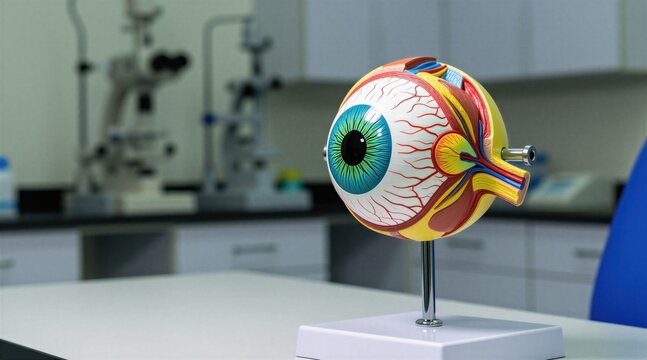Anatomical model of human eye sits on desk in pro clinic office. Ophthalmology tool explains ocular anatomy for optometry students. Realistic eyeball replica shows iris pupil cornea lens structure.