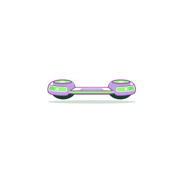 Pixelated hoverboard in shades of purple, green, and black, against a white background